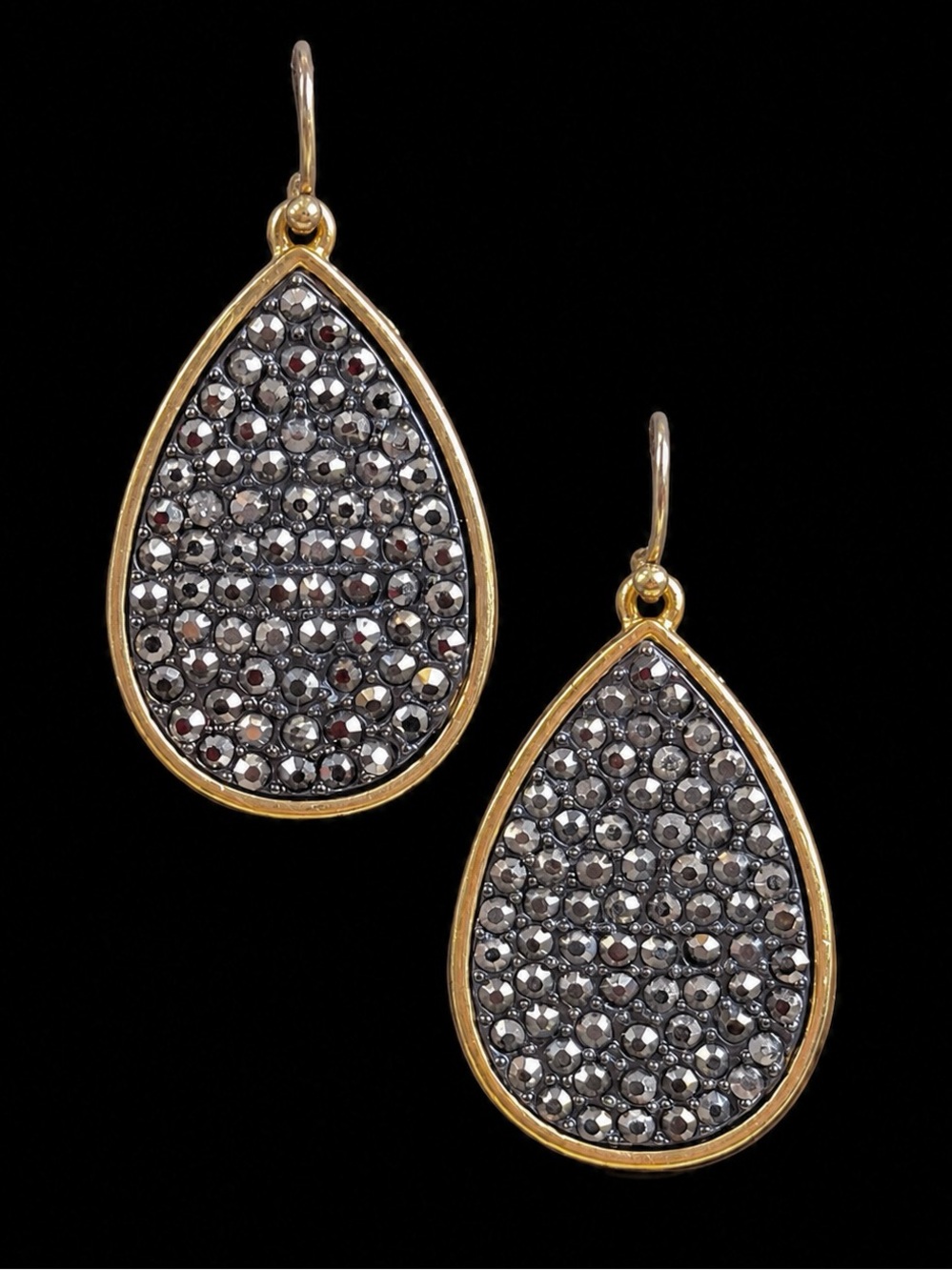Vintage Antiqued Gold Tone Teardrop Dangle Pierced Earrings Dark Sparkle